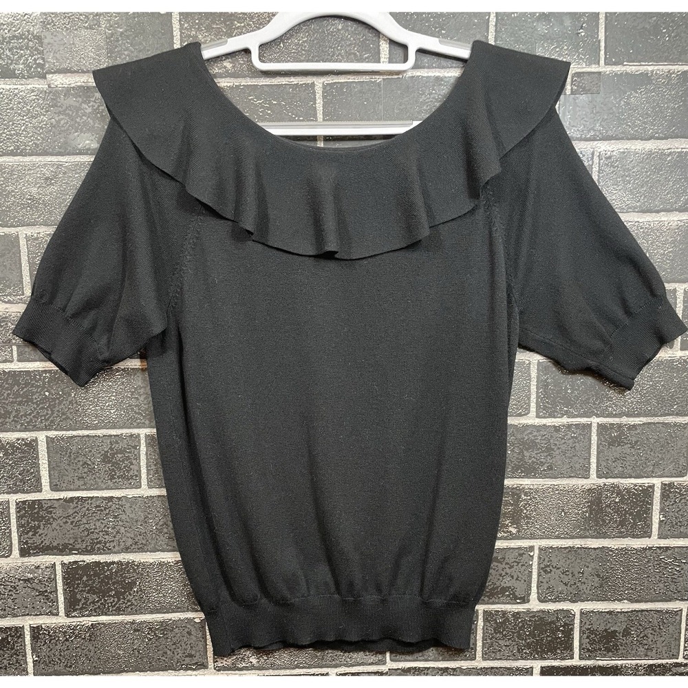 Catherine Malandrino Womens Sweater Large Black Ruffled Neck Short Sleeve